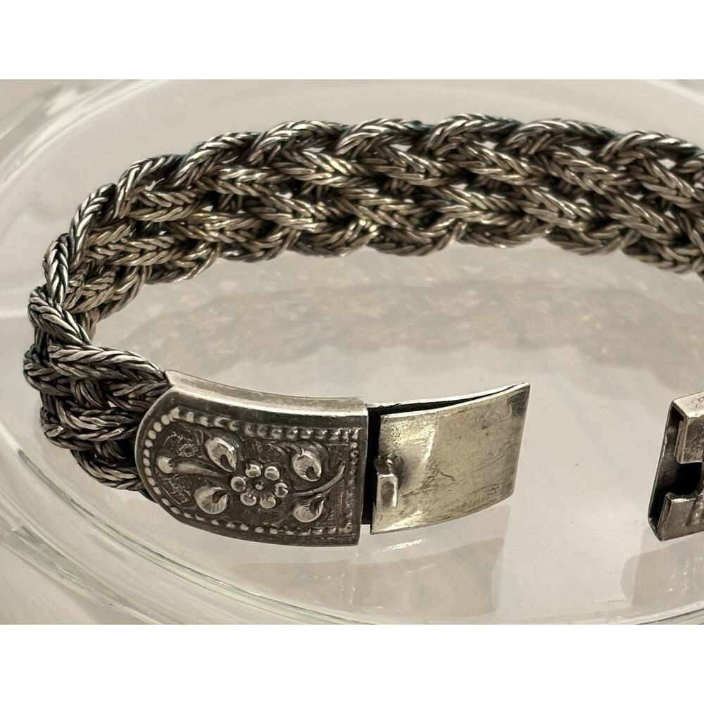 Vintage Sterling Silver Floral Clasp Braided 8” Bracelet 60g - Picture 7 of 7